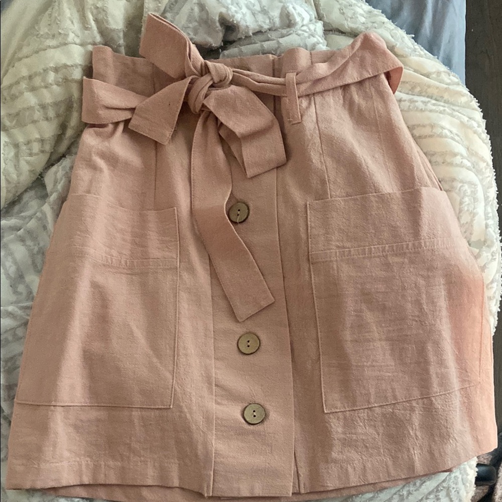 Pink Linen Button-Front Skirt